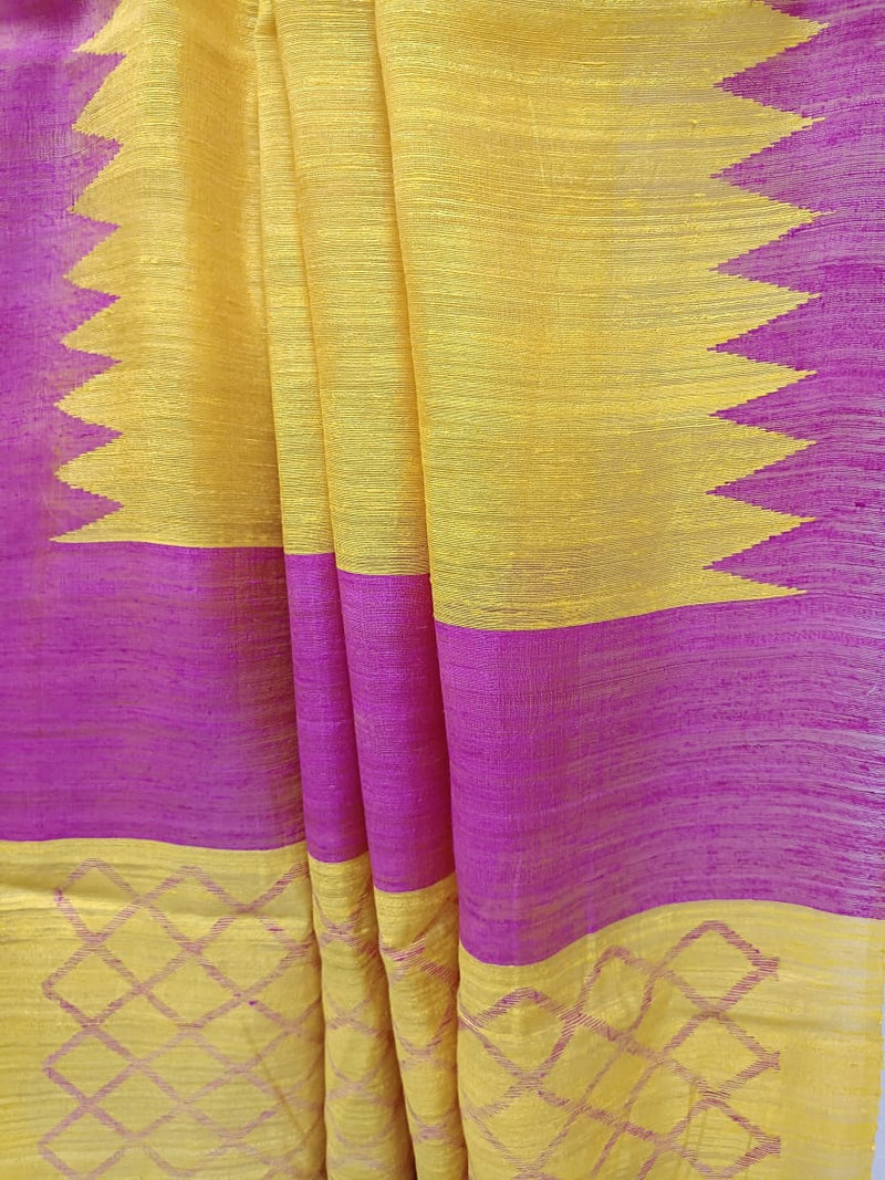 Yellow & Magenta Matka silk saree with temple on border Balaram Saha
