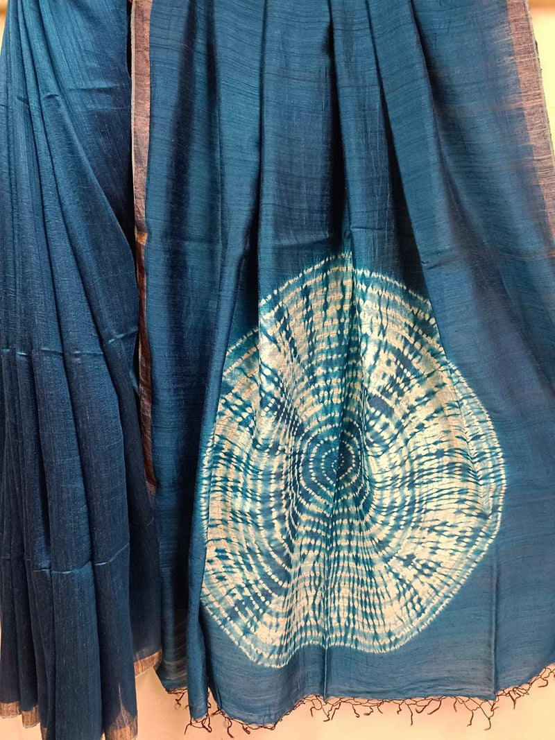 Peacock Blue & White Matka Silk Shibori (Tye N Dye) Saree Balaram Saha