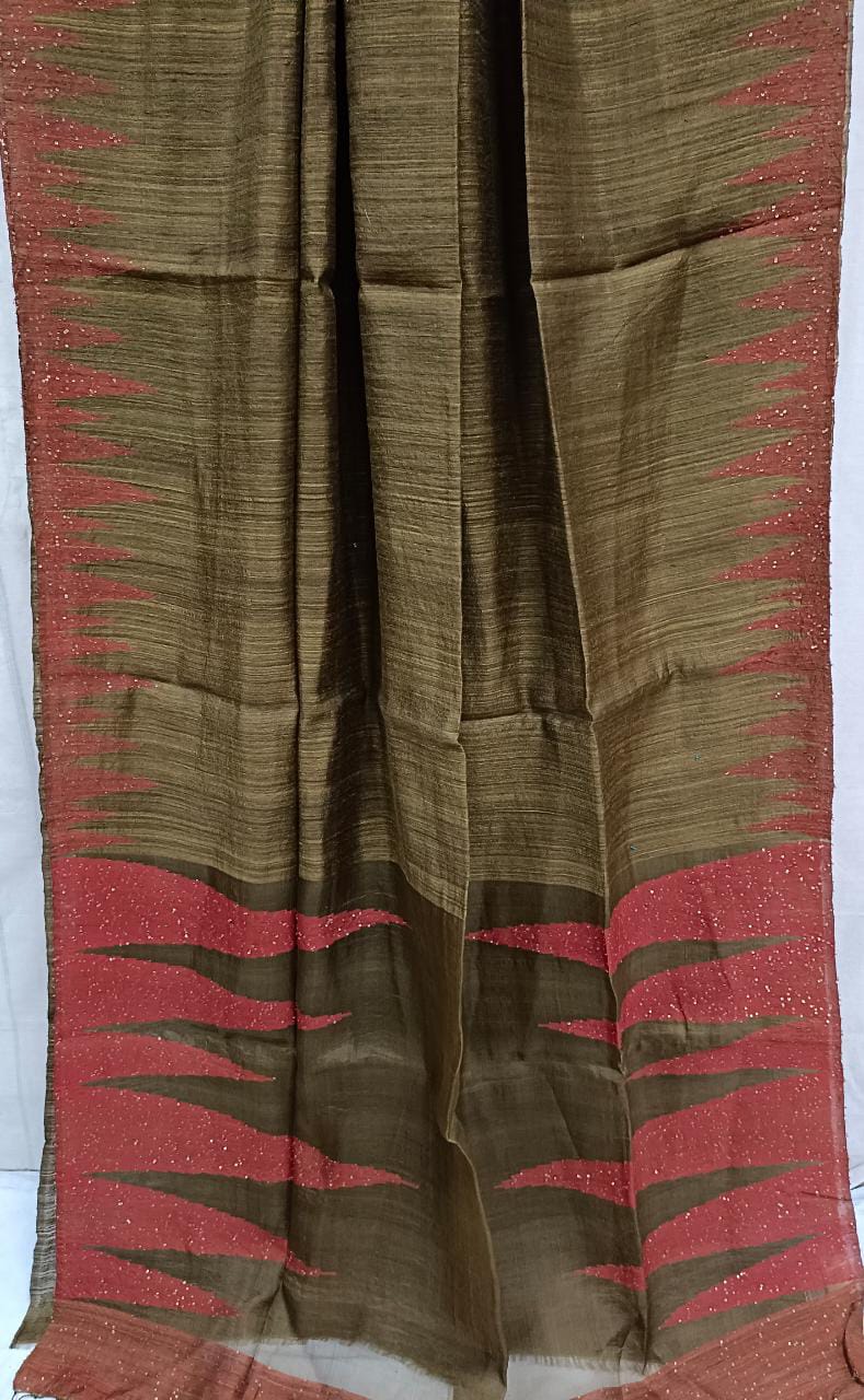Olive Green & Red Matka silk saree with temple Balaram Saha