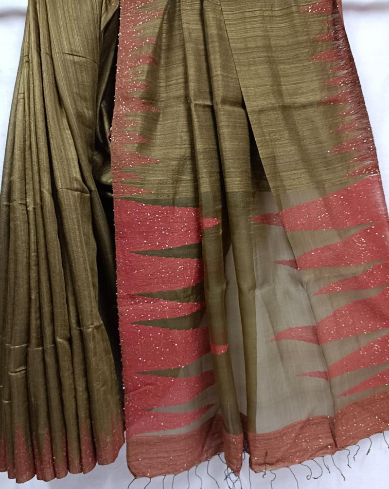 Olive Green & Red Matka silk saree with temple Balaram Saha