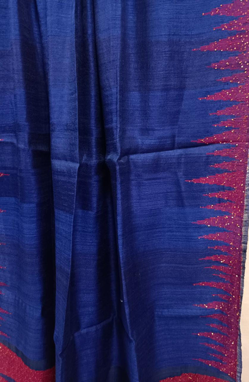 Royal Blue & Red Matka silk saree with temple Balaram Saha