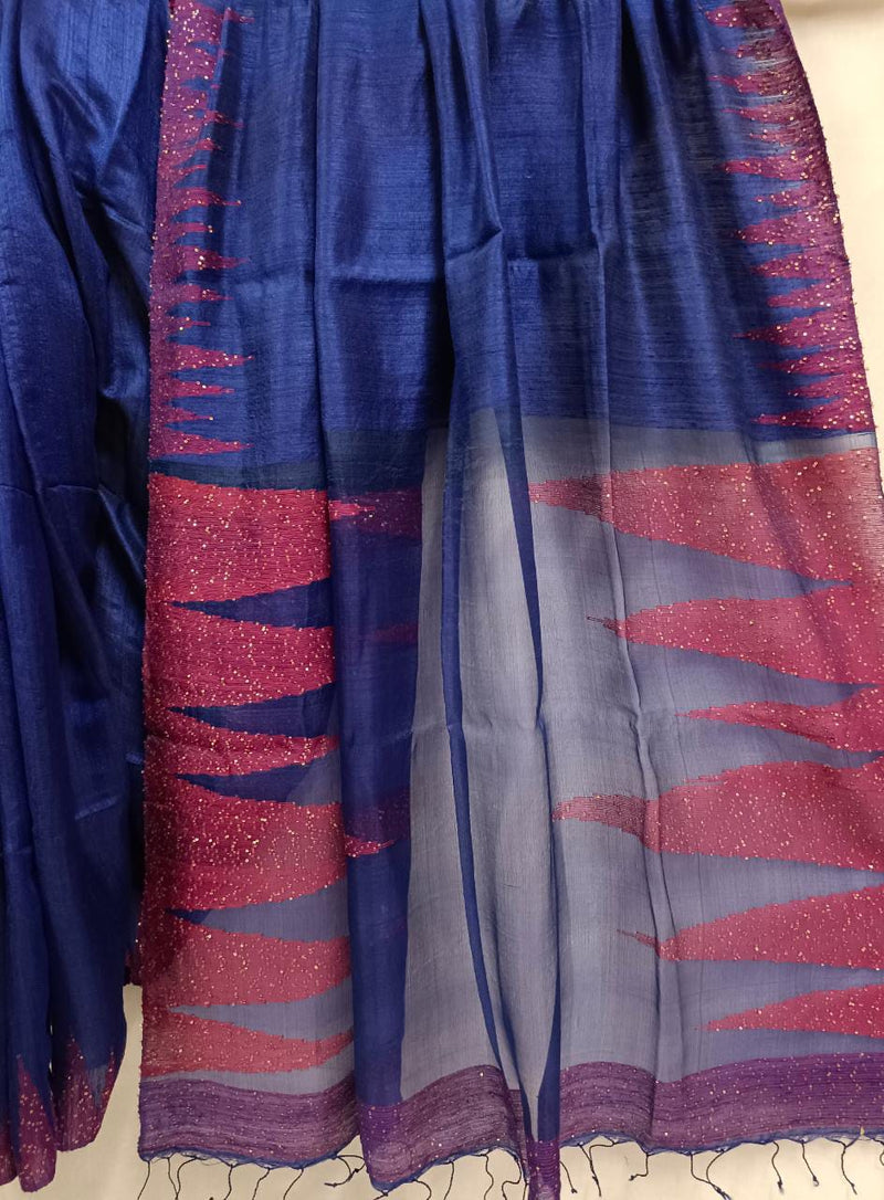 Royal Blue & Red Matka silk saree with temple Balaram Saha