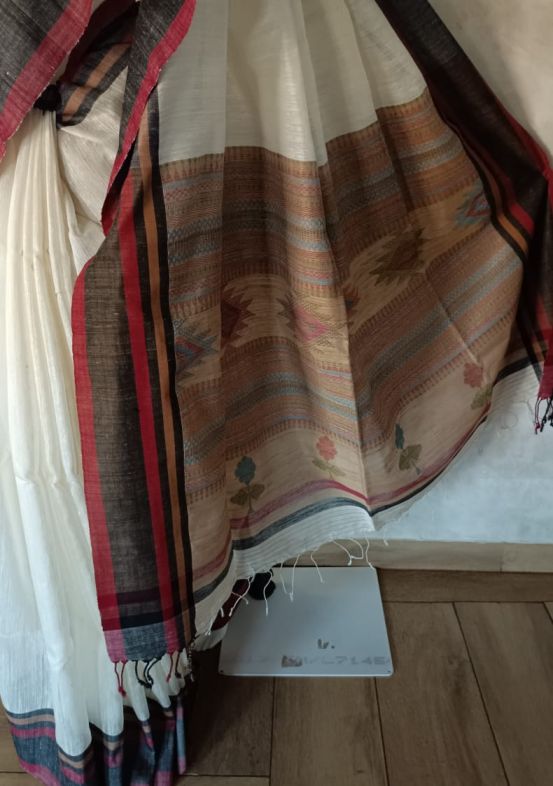 White Matka Silk saree with black/maroon border Balaram Saha