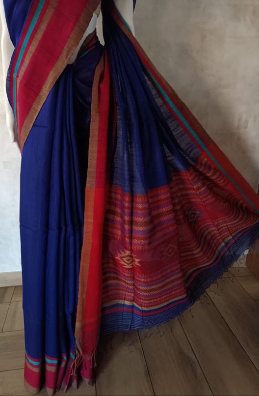 Royal Blue Matka Silk saree with maroon border Balaram Saha