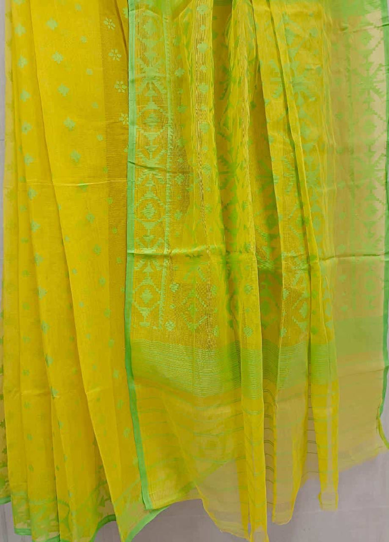 Lemon Yellow & Green Cotton Bangladeshi Dhakai Jamdani Saree Balaram Saha