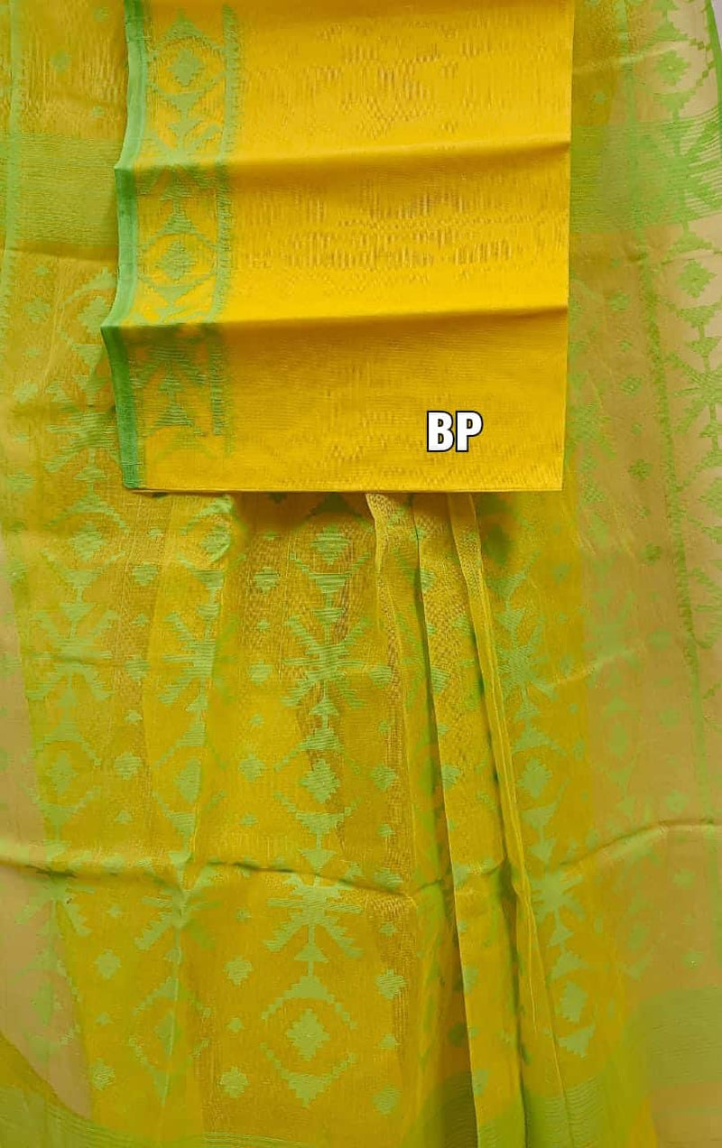 Lemon Yellow & Green Cotton Bangladeshi Dhakai Jamdani Saree Balaram Saha