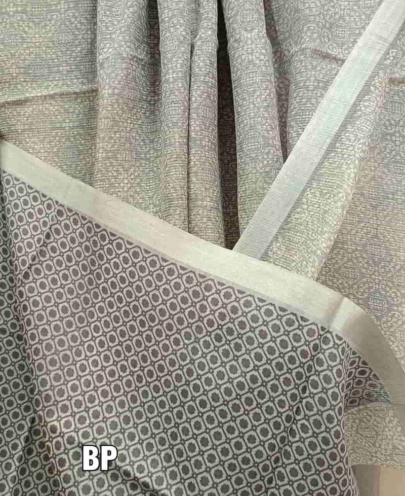 Silver Grey & White lightweight Handloom Silk printed saree Balaram Saha