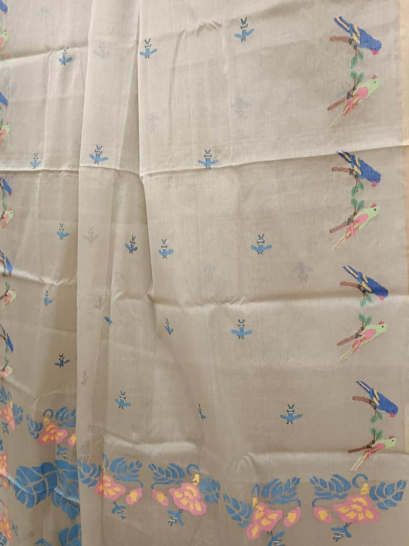 Grey; Muslin Silk Jamdani saree with beautiful birds woven Balaram Saha