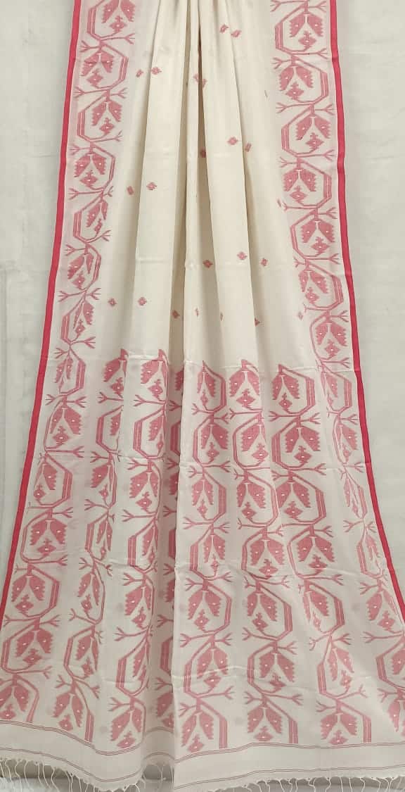 Off White & Red Soft Muslin Cotton Saree Balaram Saha