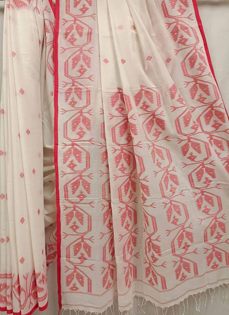 Off White & Red Soft Muslin Cotton Saree Balaram Saha