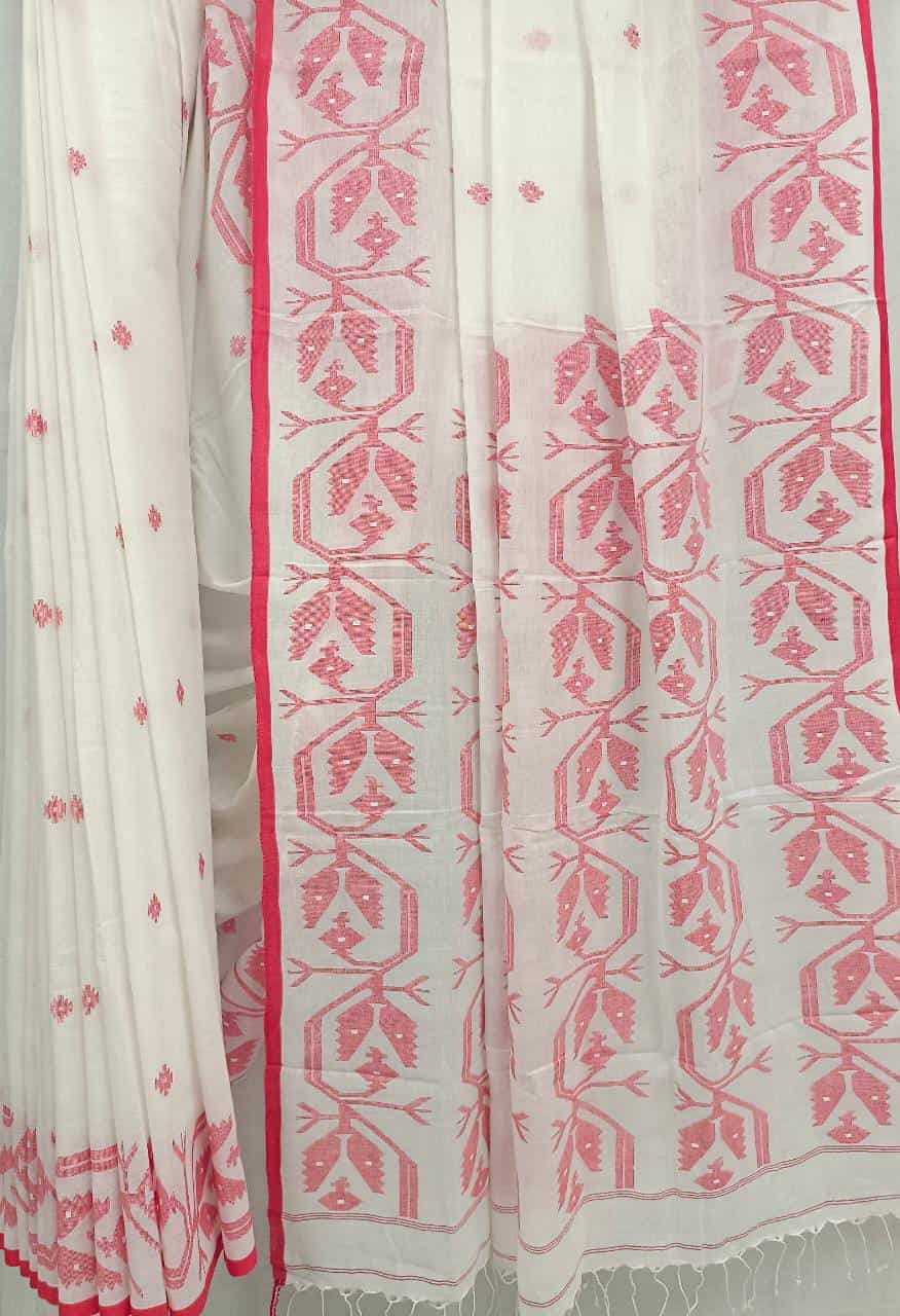 Off White & Red Soft Muslin Cotton Saree Balaram Saha