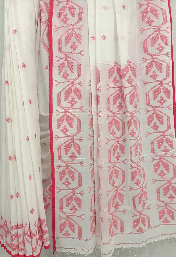 Off White & Red Soft Muslin Cotton Saree Balaram Saha