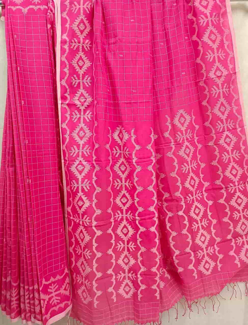 Rani Pink & White Soft Muslin Cotton Saree Balaram Saha