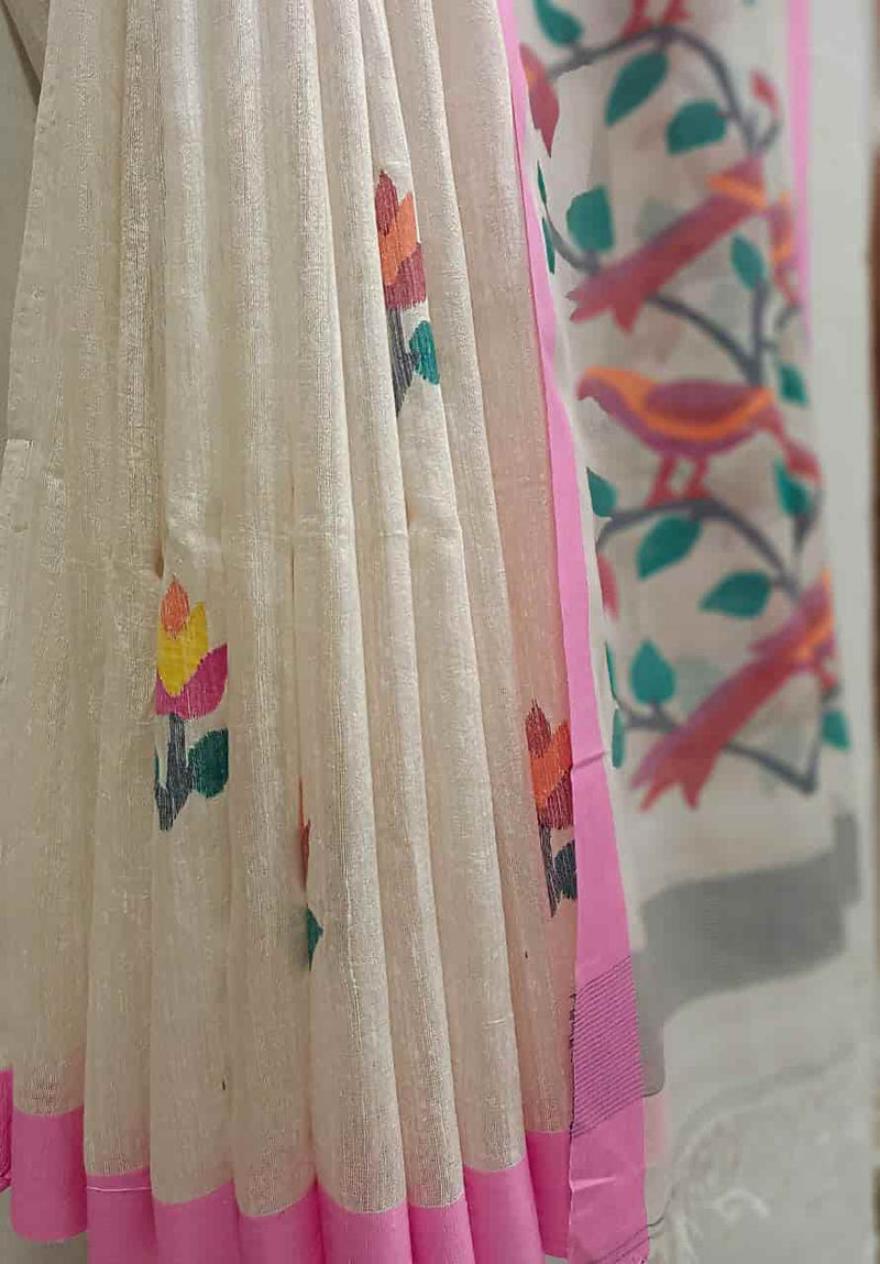 White & Pink Matka Silk Saree Balaram Saha