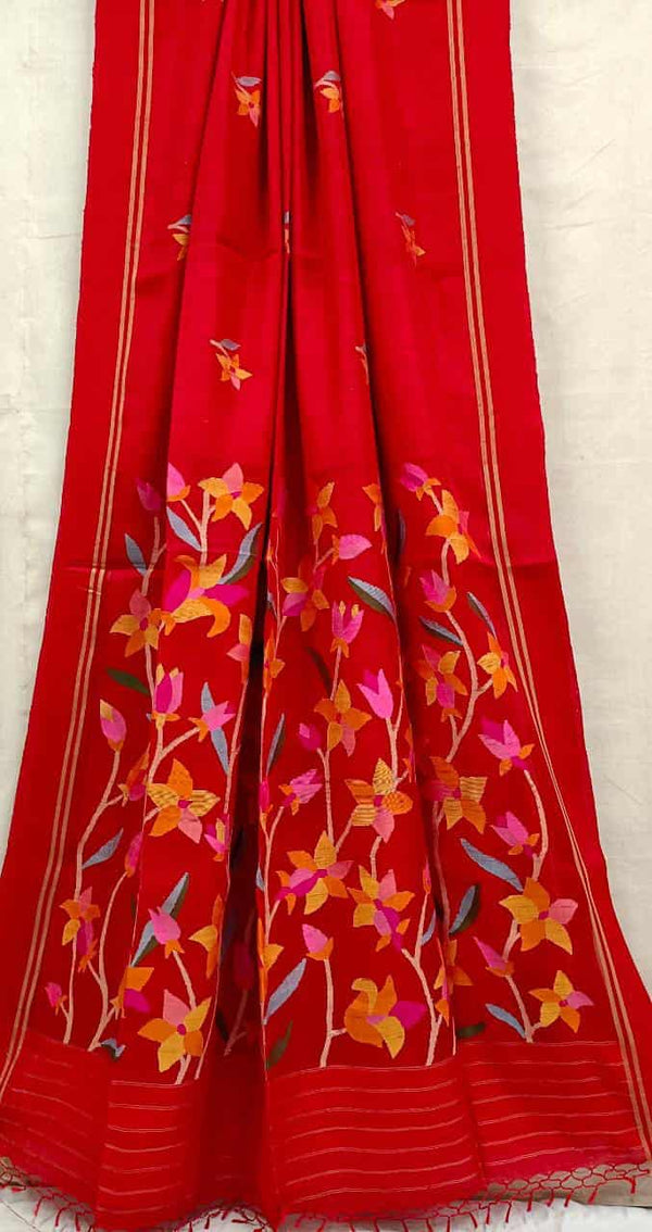 Red Matka Silk Saree With Jamdani Floral Weave Balaram Saha