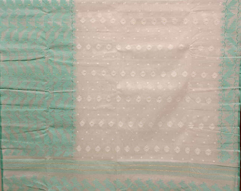 White & Sea Green Cotton Bangladesh Dhakai Jamdani Saree Balaram Saha
