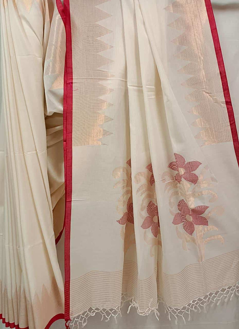 White & Red Soft Cotton Handwoven Saree Balaram Saha