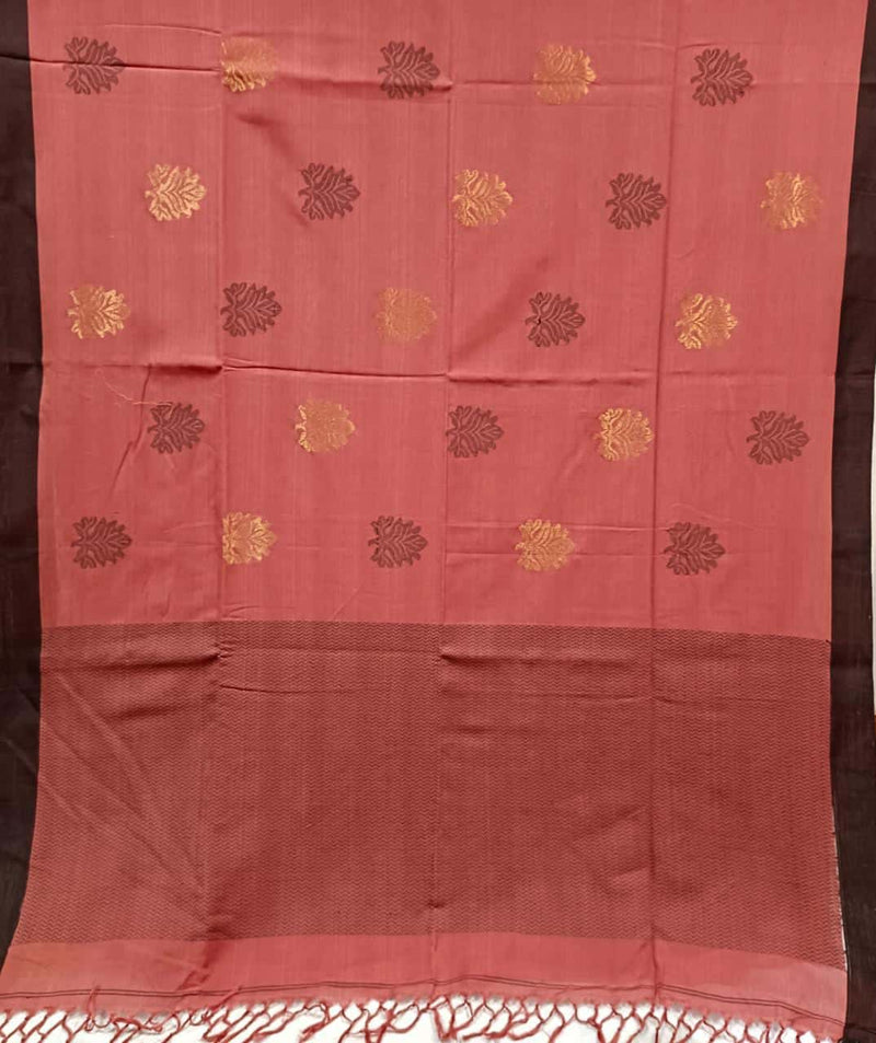 Terracotta & Black Soft Cotton Handloom Saree With Solid Black Border Balaram Saha