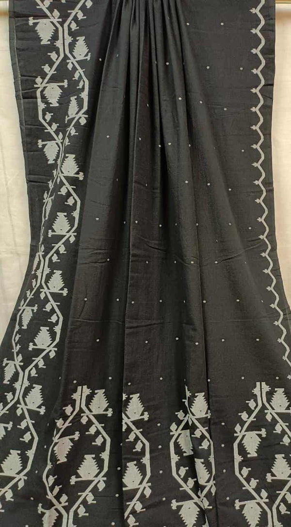 Black & White Handspun, Handwoven Soft Muslin Cotton Traditional Jamdani Weave Saree Balaram Saha