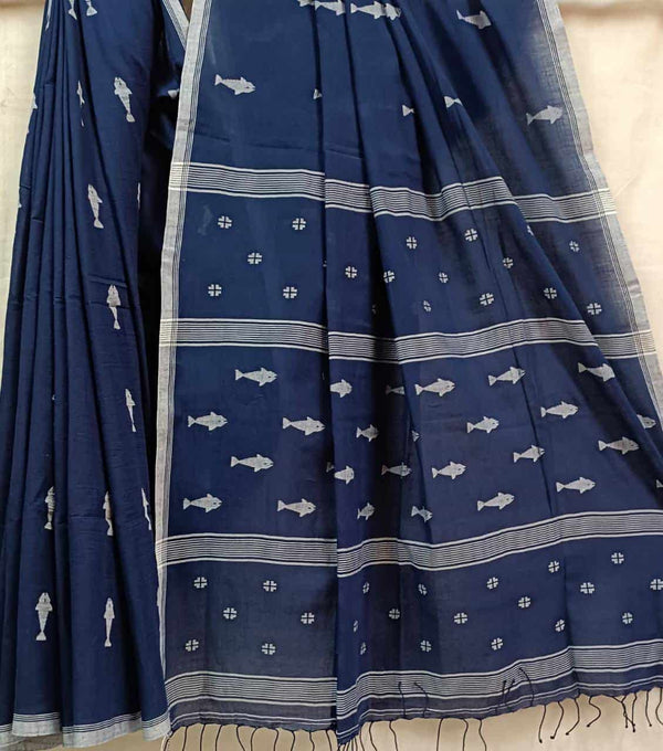 Navy Blue & White Handspun, Handwoven Soft Muslin Cotton Jamdani Weave Saree Balaram Saha