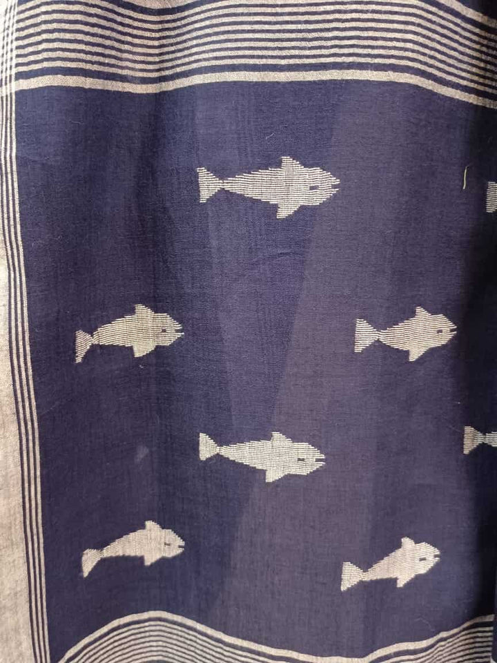 Muslin Cotton Jamdani Saree by Balaram Saha – Navy Blue & White Elegance
