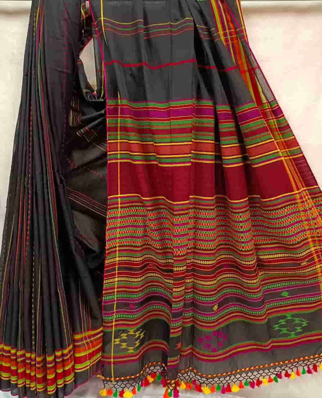Cotton Handwoven Saree by Balaram Saha – Black & Multicolour Tribal