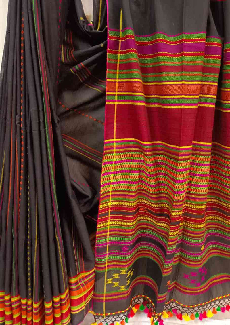 Black & Multi Coloured Soft Cotton Tribal Design Handwoven Saree Balaram Saha