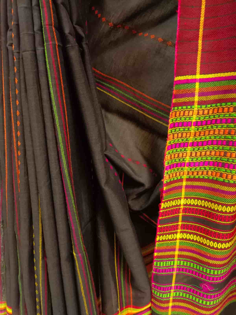 Black & Multi Coloured Soft Cotton Tribal Design Handwoven Saree Balaram Saha