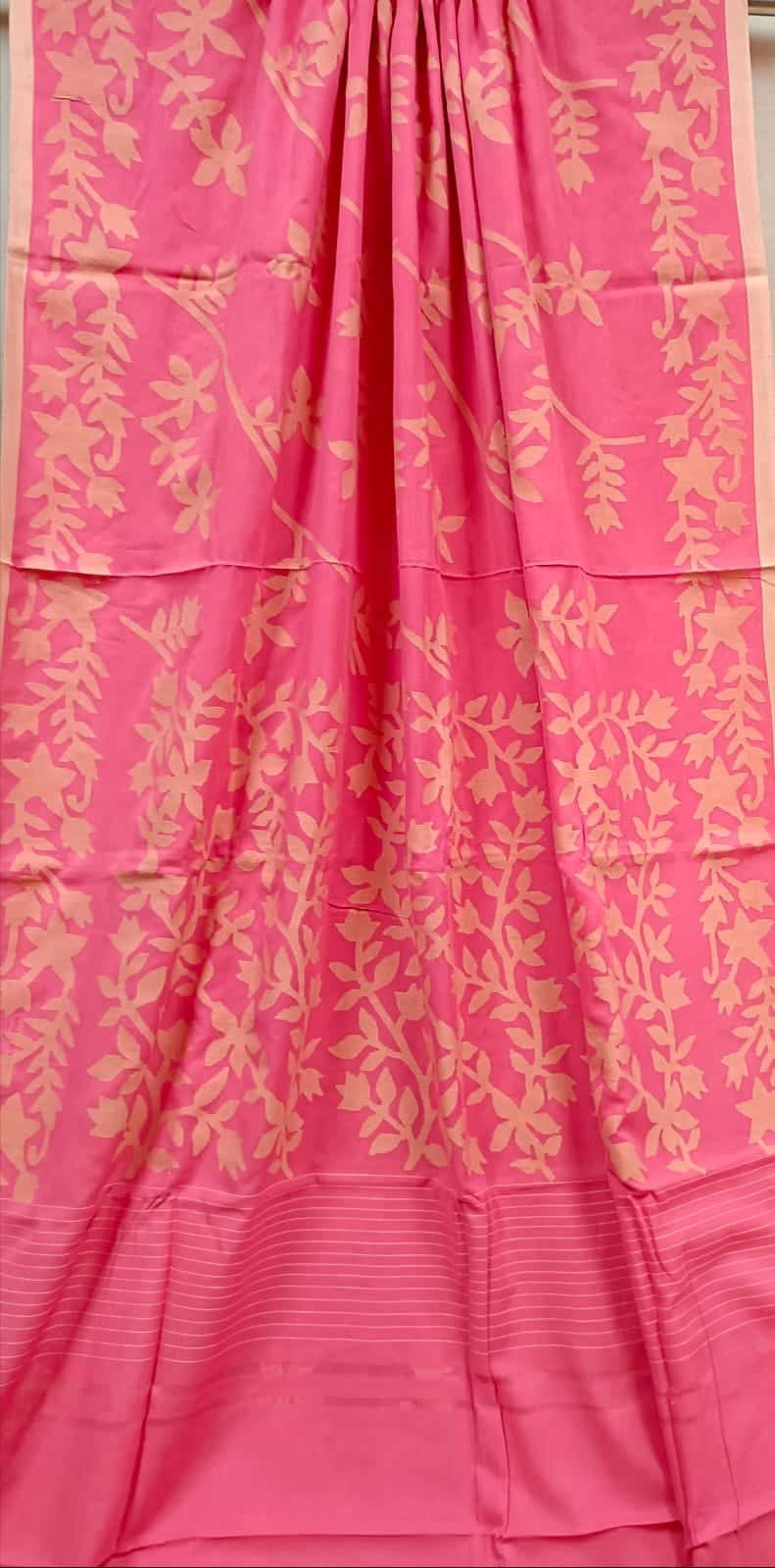 Peach/Pink & Beige Soft Cotton All Over Floral Weave Jamdani Saree Balaram Saha
