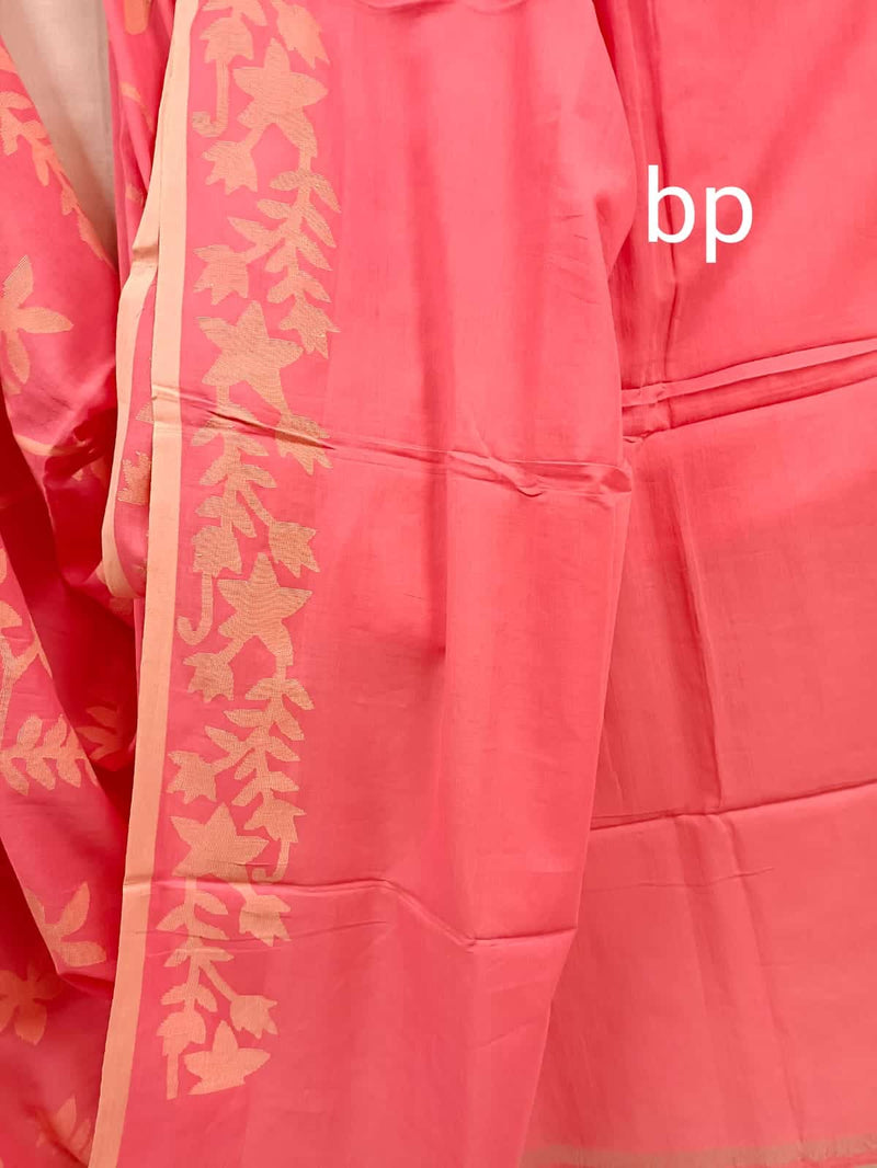Peach/Pink & Beige Soft Cotton All Over Floral Weave Jamdani Saree Balaram Saha