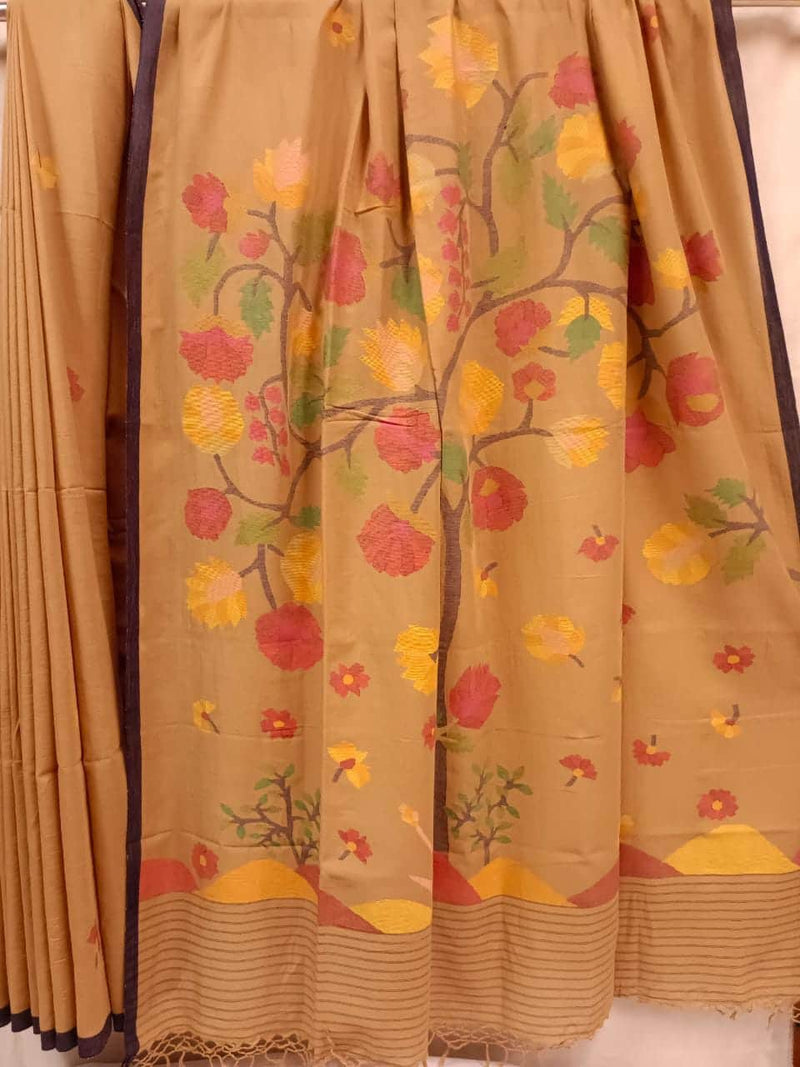 Beige & Multicolored Soft Cotton Handspun Handwoven Jamdani Saree Balaram Saha