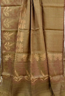 Olive Green Half Matka Silk Half Muslin Jamdani Weave Saree Balaram Saha