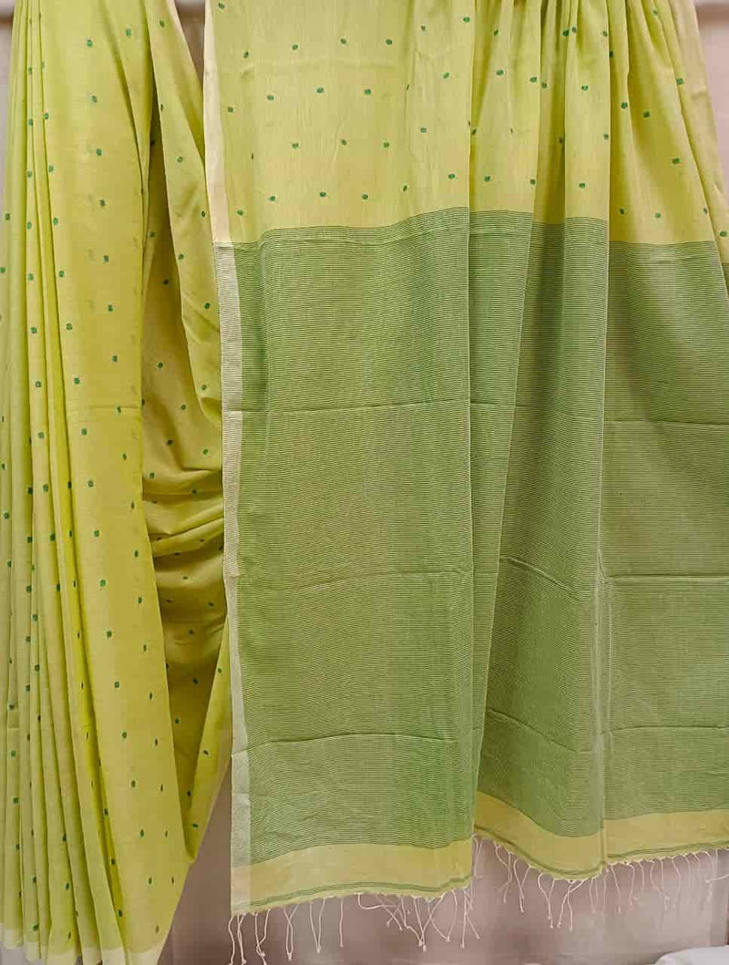 Lime Green & Green Handspun & Handwoven Soft Cotton Saree Balaram Saha