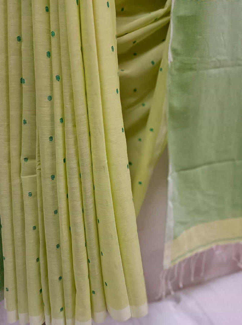 Lime Green & Green Handspun & Handwoven Soft Cotton Saree Balaram Saha