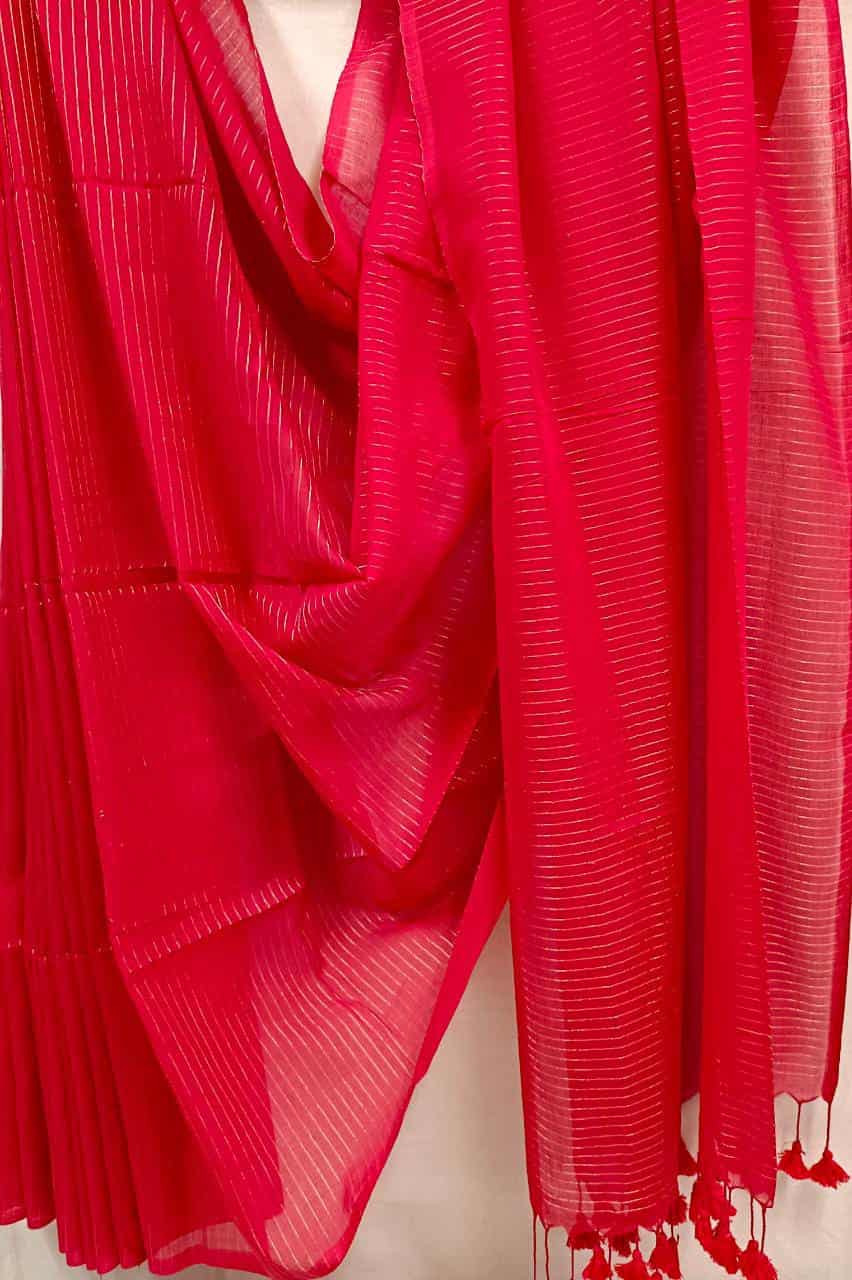 Red Soft Cotton Handloom Saree With Zari Stripes Balaram Saha
