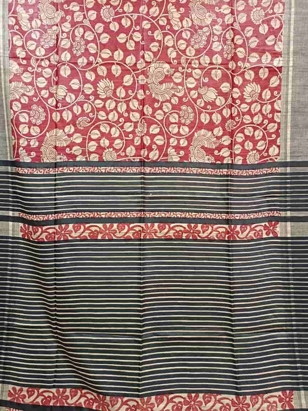 Wine Red Tussar Silk Peacock & Leaves Print Saree Balaram Saha