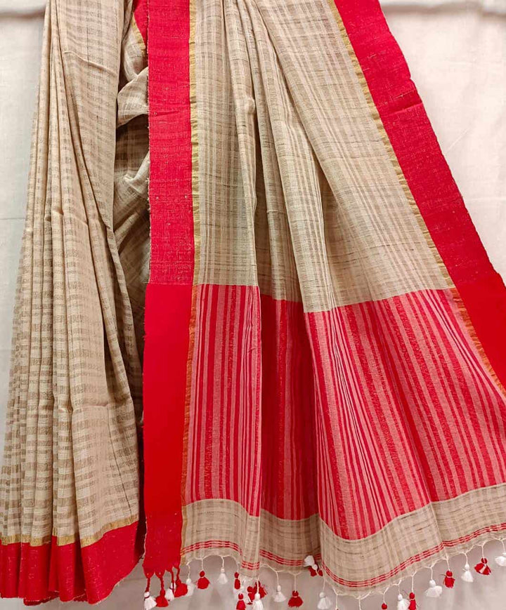 Beige Tussar Silk Saree With Bright Red Border Balaram Saha