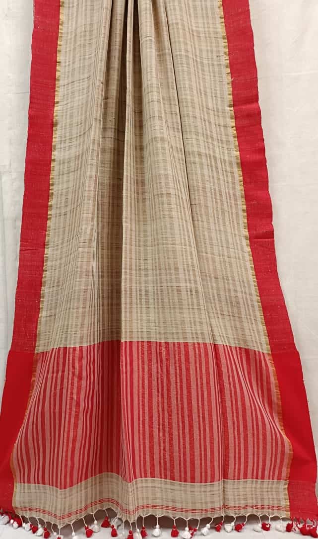 Beige Tussar Silk Saree With Bright Red Border Balaram Saha