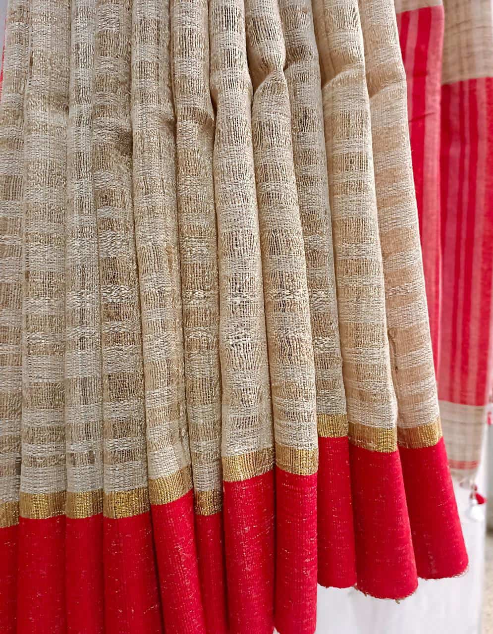 Beige Tussar Silk Saree With Bright Red Border Balaram Saha