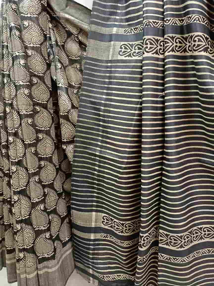 Black & White Tussar Silk Pailsey Print Saree Balaram Saha