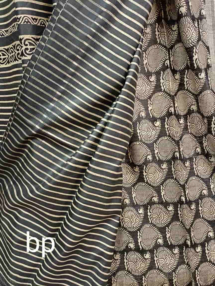 Black & White Tussar Silk Pailsey Print Saree Balaram Saha