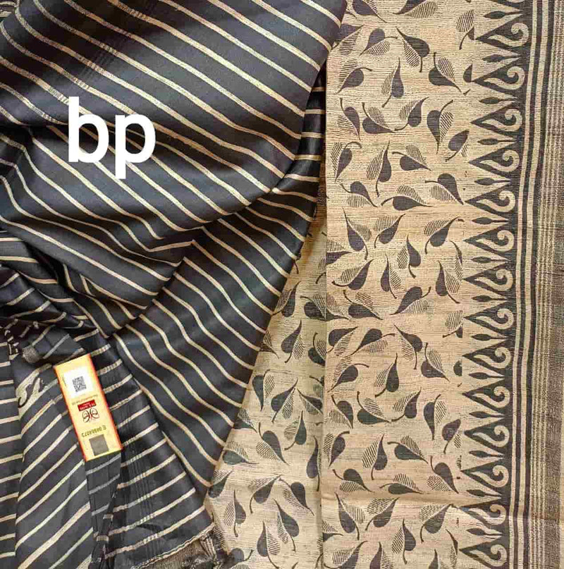 Beige & Black Tussar Silk All Over Leaves Print Saree Balaram Saha