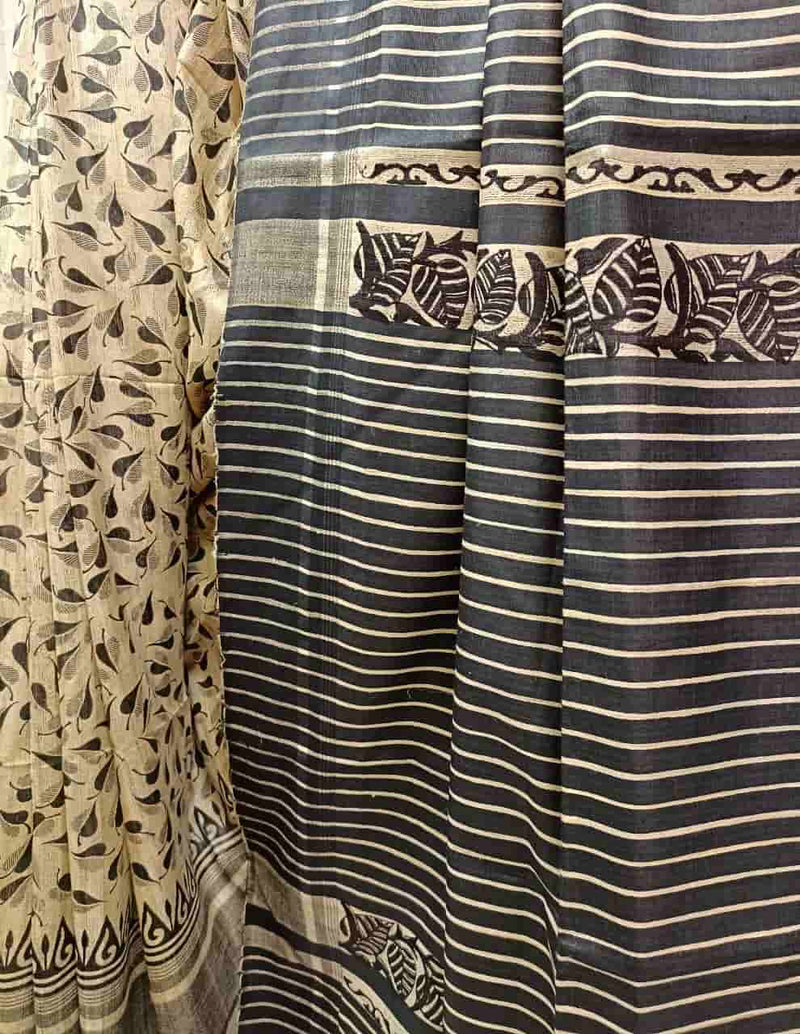 Beige & Black Tussar Silk All Over Leaves Print Saree Balaram Saha