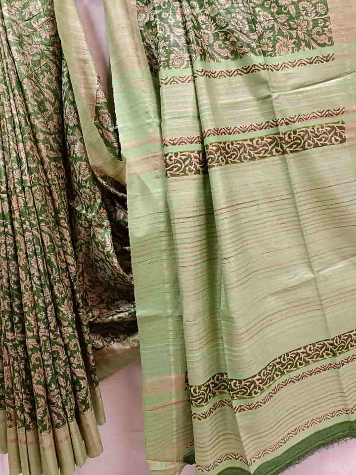 Green & Beige Tussar Silk All Over Floral Print Saree Balaram Saha