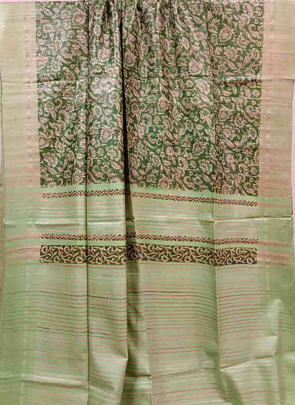 Green & Beige Tussar Silk All Over Floral Print Saree Balaram Saha