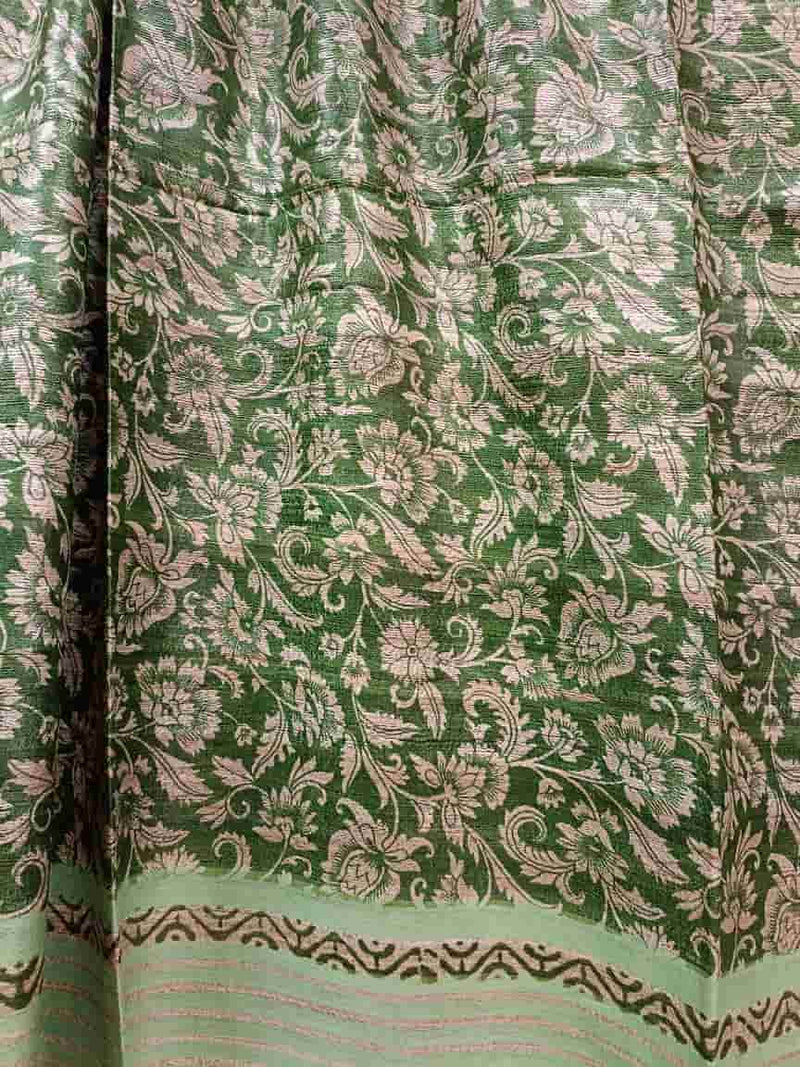 Green & Beige Tussar Silk All Over Floral Print Saree Balaram Saha