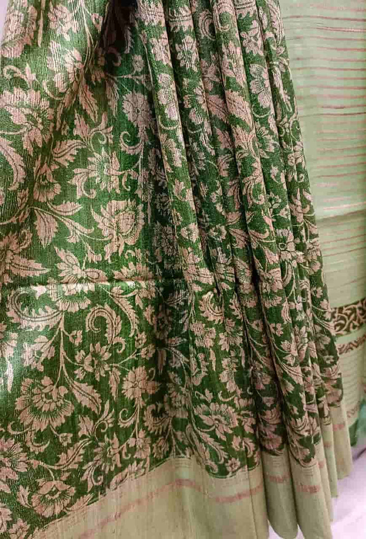 Green & Beige Tussar Silk All Over Floral Print Saree Balaram Saha