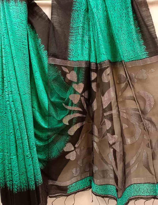 Sea Green & Black Matka/ Muslin Silk Shibori (Tie & Dye) Saree Balaram Saha