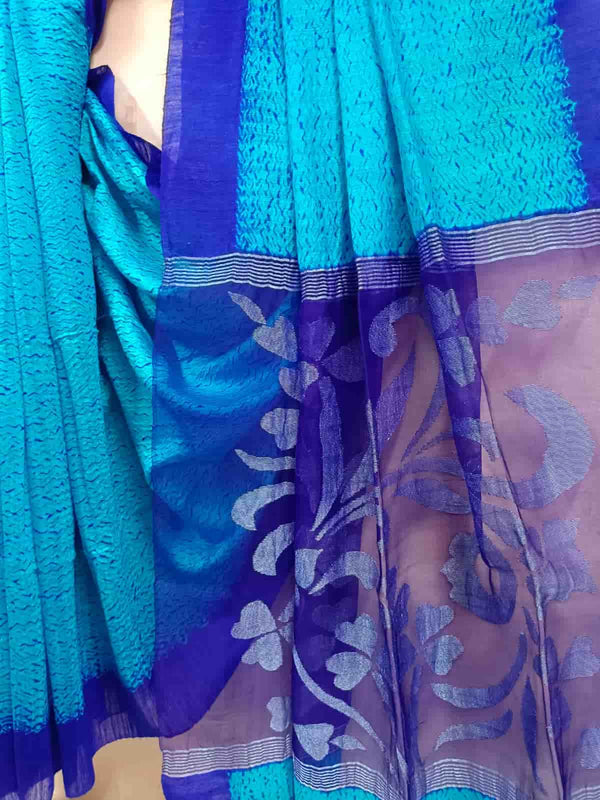 Light Blue & Deep Blue Matka/Muslin Silk Shibori (Tie & Dye) Saree Balaram Saha