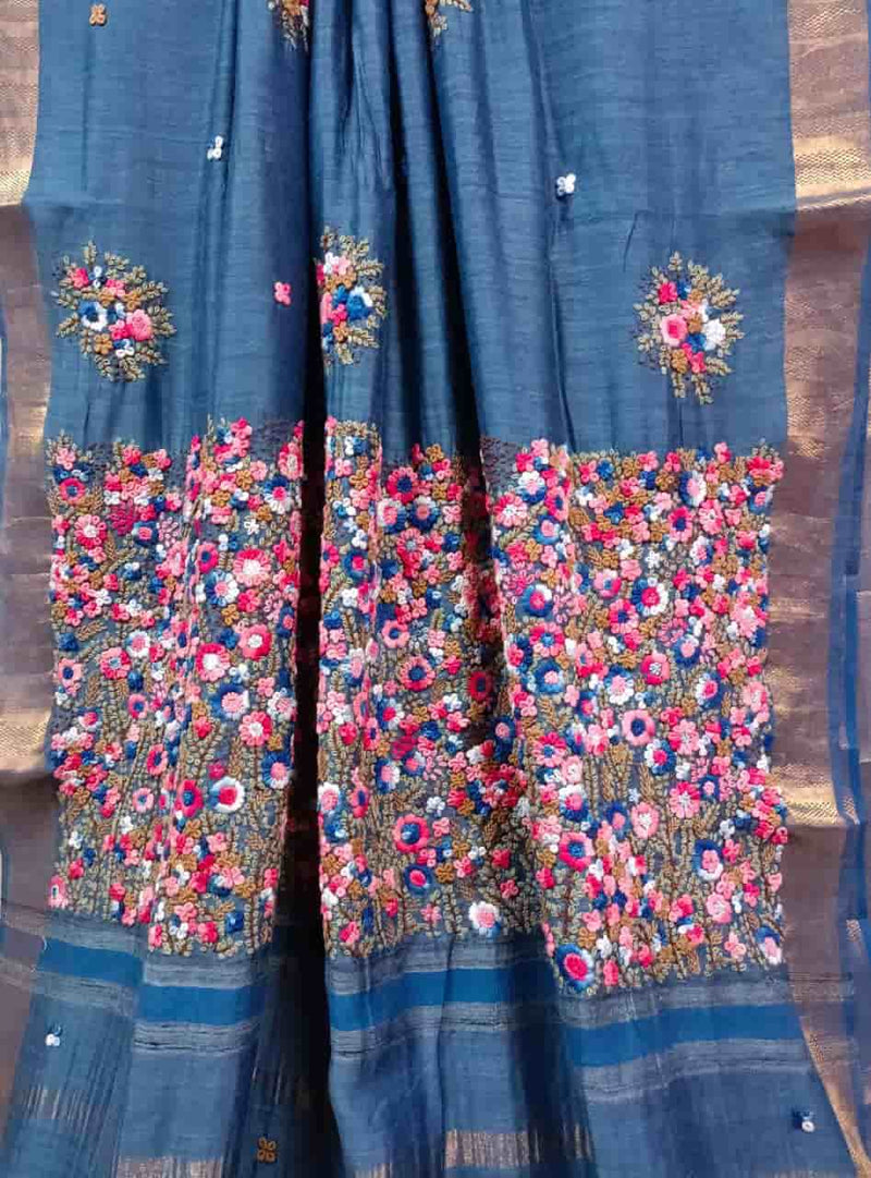 Blue & Gold Handloom Tussar Silk Saree Balaram Saha